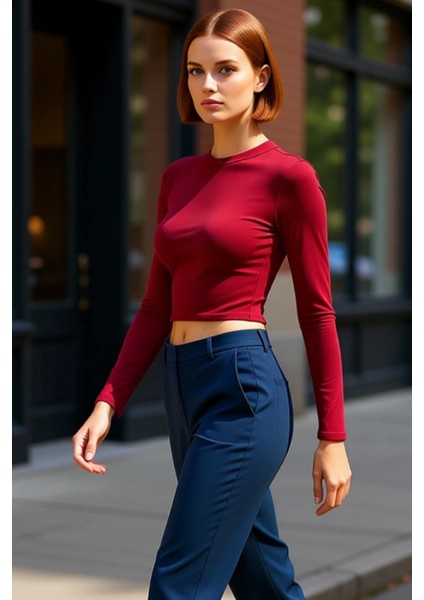 Kadın Moda Şık Crop Dik Yaka Slim Kalıp Örme Kolu Büzgü Detaylı Fitted Vücuda Oturan Esnek Bluz fırsatları