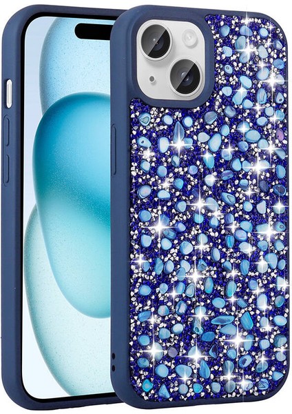 Apple iPhone 15 Kılıf Parlak Taşlı Tasarım Nxxa Linea Kapak-Lacivert