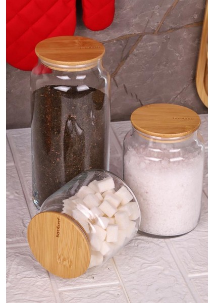 Zone - 3'lü Cam Saklama Kabı 600 ML-800 ML-1300 ML Vakumlu Bambu Kapaklı