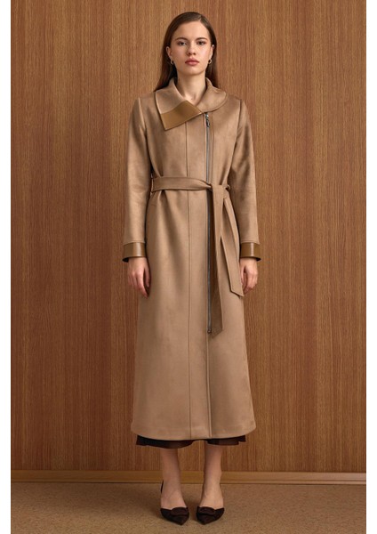 Devrik Yaka Fermuar Kapamalı Deri Garnili Süet Görünümlü Kap A.kamel 6804