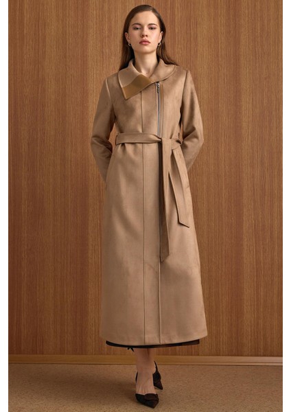 Devrik Yaka Fermuar Kapamalı Deri Garnili Süet Görünümlü Kap A.kamel 6804 fırsatları