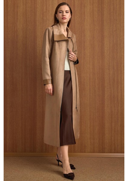 Devrik Yaka Fermuar Kapamalı Deri Garnili Süet Görünümlü Kap A.kamel 6804