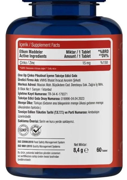 One Up Çinko Pikolinat 15 Mg 60 Tablet fiyatları