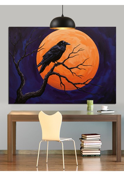 Ağaçta Karga Dolunay Silüeti Dekoratif Kanvas - Mdf Ahşap Tablo