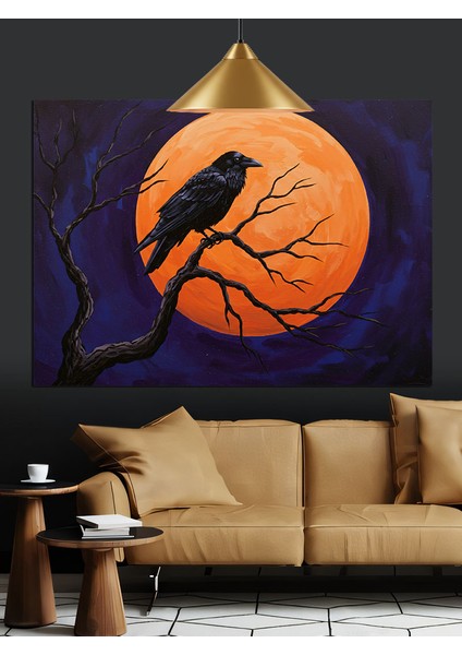 Ağaçta Karga Dolunay Silüeti Dekoratif Kanvas - Mdf Ahşap Tablo modelleri
