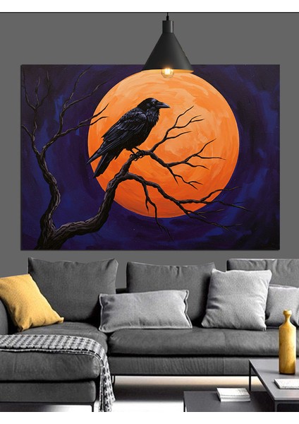 Ağaçta Karga Dolunay Silüeti Dekoratif Kanvas - Mdf Ahşap Tablo fırsatları