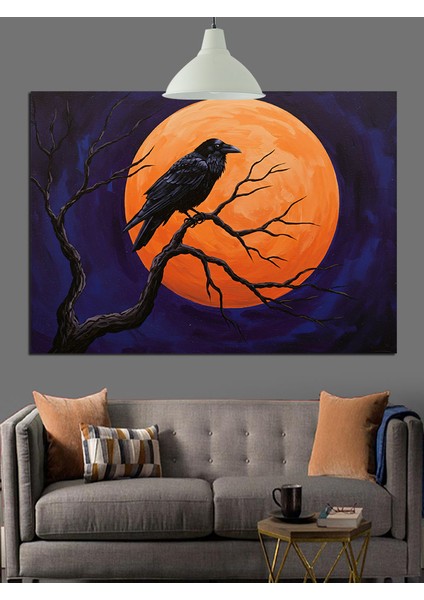 Ağaçta Karga Dolunay Silüeti Dekoratif Kanvas - Mdf Ahşap Tablo indirimleri