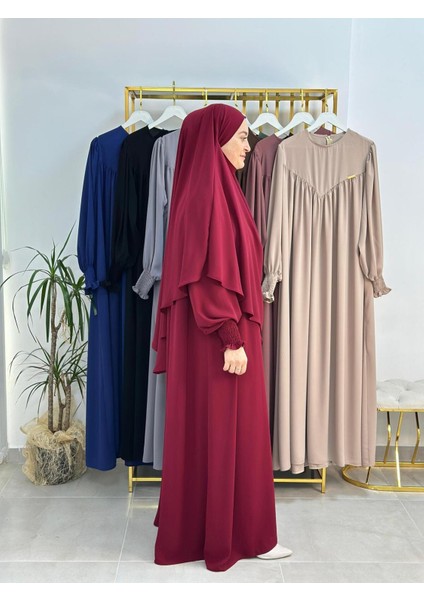 Tesettür Elbise,önü V Model Büzgülü,sufle Esarpla Takım.hijap ,khimar.hac Umre Için Uygundur Bordo fırsatları