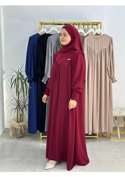 Tesettür Elbise,önü V Model Büzgülü,sufle Esarpla Takım.hijap ,khimar.hac Umre Için Uygundur Bordo indirimleri