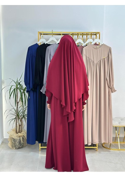 Tesettür Elbise,önü V Model Büzgülü,sufle Esarpla Takım.hijap ,khimar.hac Umre Için Uygundur Bordo