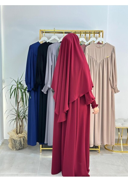 Tesettür Elbise,önü V Model Büzgülü,sufle Esarpla Takım.hijap ,khimar.hac Umre Için Uygundur Bordo