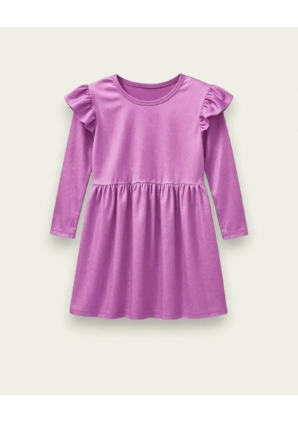 Kız Çocuk Uzun Kollu Fırfır Detaylı Kadife Elbise