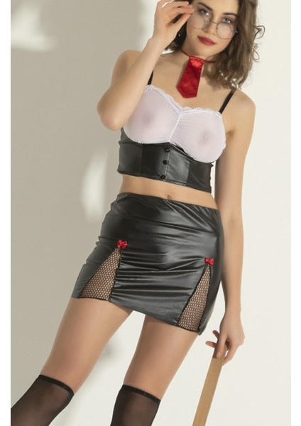 Fantazi Seksi Sekreter Kostüm Seti,deri Görünümlü Mini Etek,şeffaf Büstiyer,kravat ve Çorap