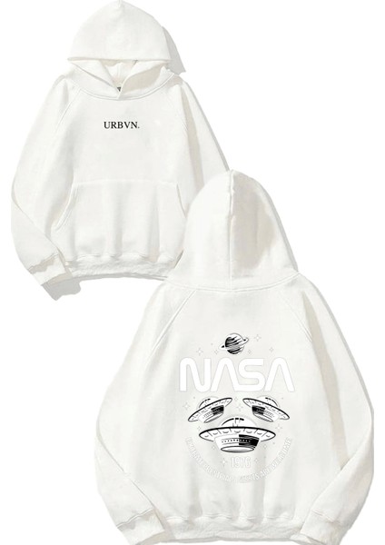 Nasa Alien Tasarım Baskılı Oversize Beyaz Kapüşonlu Sweatshirt