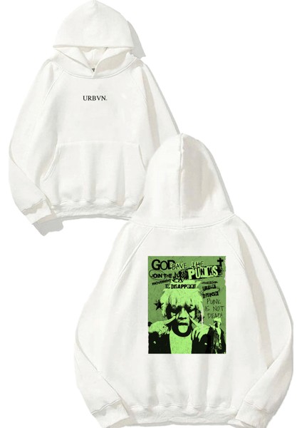 Punk 1 Tasarım Baskılı Oversize Beyaz Kapüşonlu Sweatshirt