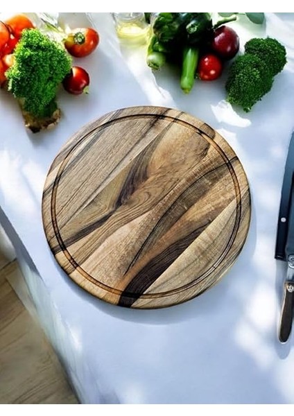 Woodart Ceviz Ağacı 34 cm Oluklu Yuvarlak Rustik Doğal Ahşap Kanallı Pizza Sunum Doğrama Kesme Tahtası fırsatları