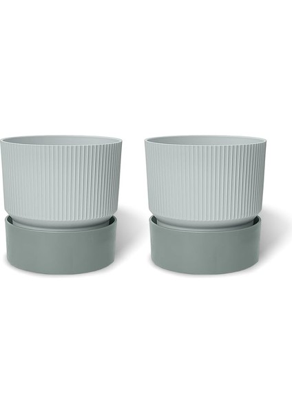 2 Adet Ixora Saksı Dekoratif Tabaklı Drenajlı Çiçek Saksısı (Gri, 2 Litre)