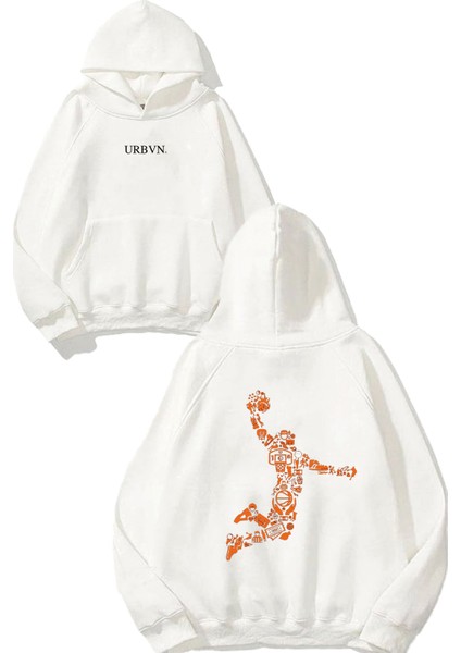 Basketball Player Tasarım Baskılı Oversize Beyaz Kapüşonlu Sweatshirt