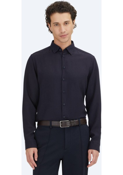 Lacivert Regular Fit Dokuma Casual Gömlek