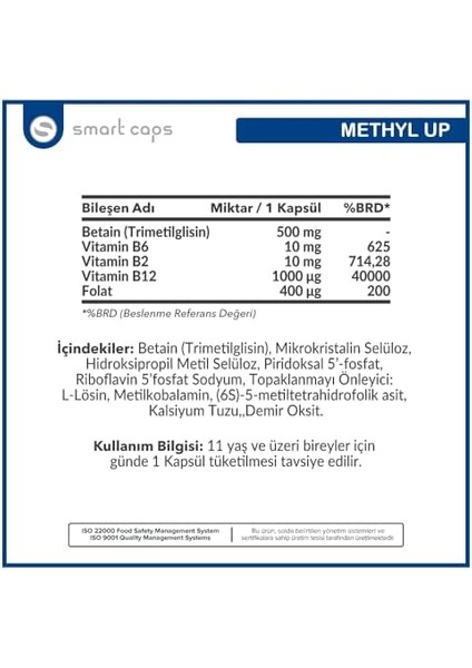 Smartcaps Methylup ( Active B Comlex + Tmg ) 60 Kapsül fiyatları