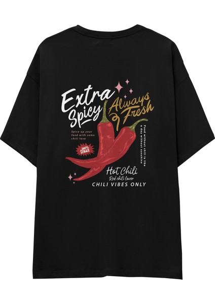 Chili Vibes Only Oversize Tişört - Siyah