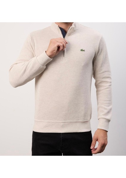 Fermuar Yaka Bej Dar Kesim Erkek Triko