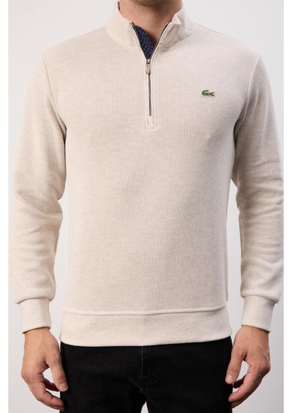 Fermuar Yaka Bej Dar Kesim Erkek Triko modelleri