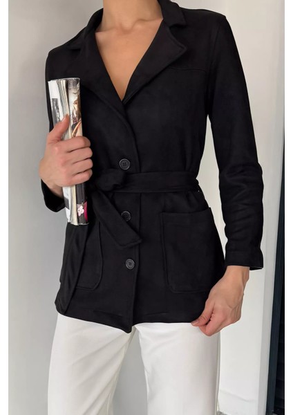 Kadın Kruvaze Yaka Ön Düğmeli Bel Kuşaklı Ceket P-00018890 fırsatları