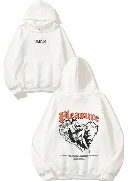 Pleasure Tasarım Baskılı Oversize Beyaz Kapüşonlu Sweatshirt