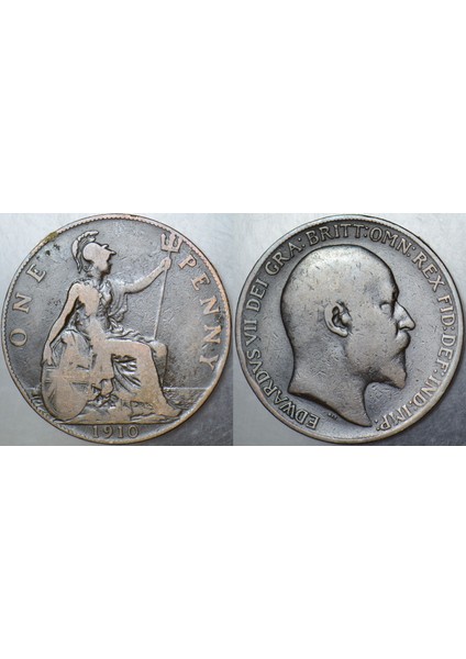 Birleşik Krallık 1 Penny 1910 Kral 7. Edward Dönemi. 31 mm Ingiltere One Penny.