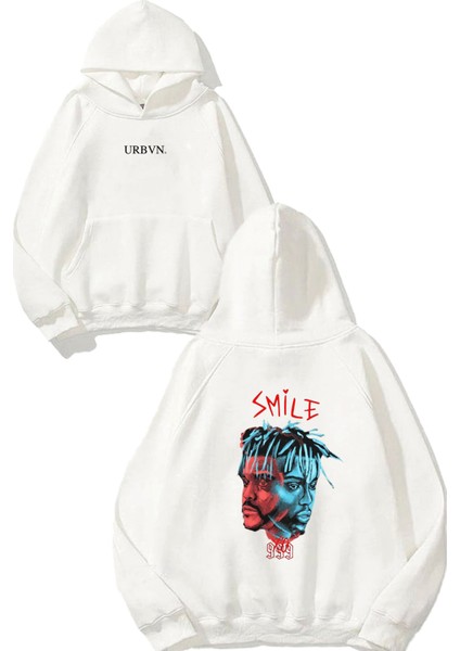 Smile Xo Tasarım Baskılı Oversize Beyaz Kapüşonlu Sweatshirt