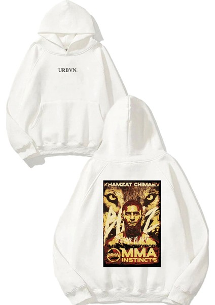 Khamzat Chimaev Tasarım Baskılı Oversize Beyaz Kapüşonlu Sweatshirt