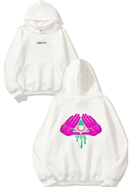 Hands Tasarım Baskılı Oversize Beyaz Kapüşonlu Sweatshirt