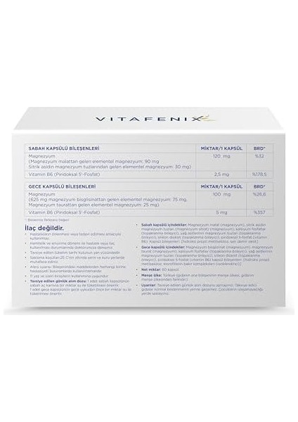 Vitafenix Magna P Magnezyum Complex - Malat Sitrat Glisinat Taurat ve B6 ile Gece Gündüz Kapsül Magnezyum Takviyesi