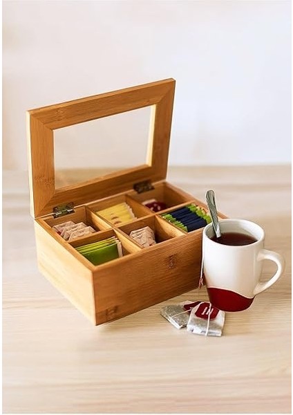 Bambu 6 Bölmeli Çay Kutusu -%100 Orjinal Bambu Mıknatıslı Kapak 21X16,5 X7CM fiyatları