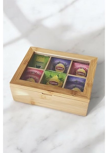 Bambu 6 Bölmeli Çay Kutusu -%100 Orjinal Bambu Mıknatıslı Kapak 21X16,5 X7CM fırsatları