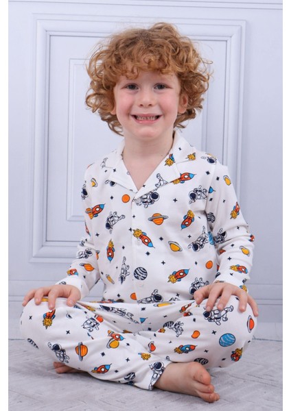 102 Erkek Çocuk Uzun Kollu Gömlek Pijama Takım-Beyaz