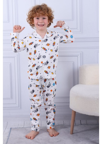 102 Erkek Çocuk Uzun Kollu Gömlek Pijama Takım-Beyaz