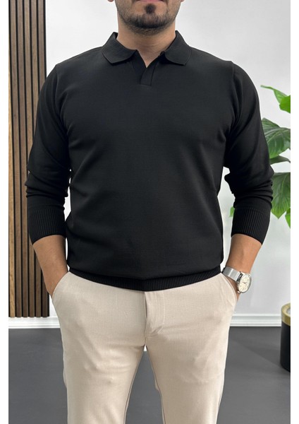 Erkek Açık Yaka Düz Desen Normal Kalıp Kazak Siyah EDW423