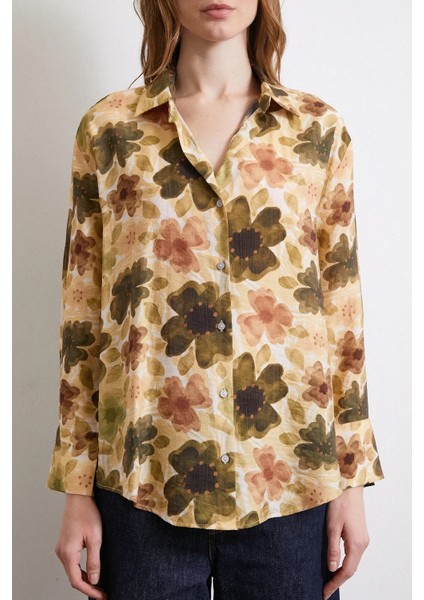 Kadın Uzun Kol Desenli Renkli Pamuk Saten Premium Kalite Spor Şık Gömlek