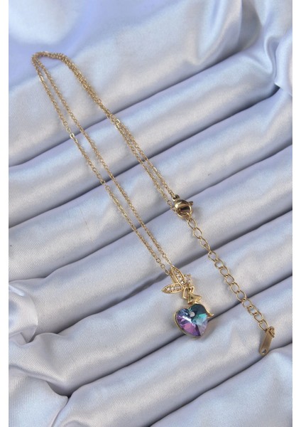 Bfs 316L Çelik Zincir Altın Renk Mor Mavi Renk Zirkon Taşlı Kalp Detay Peri Kolye fiyatları