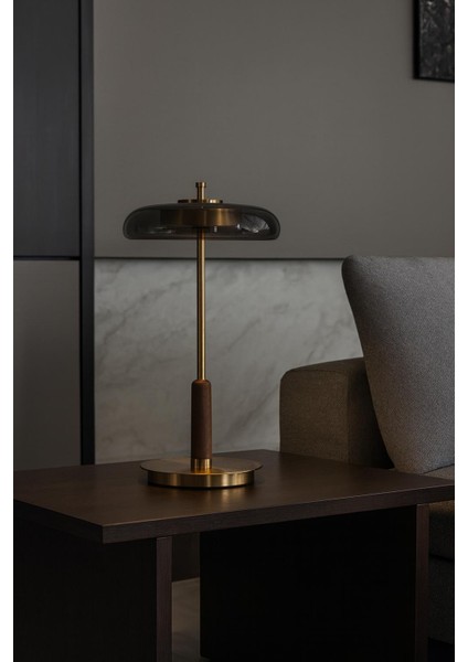 Füme Camlı Masa Lambası – Eskitme Metal Gövde, Ahşap Metal Detaylı Modern Tasarım fiyatları