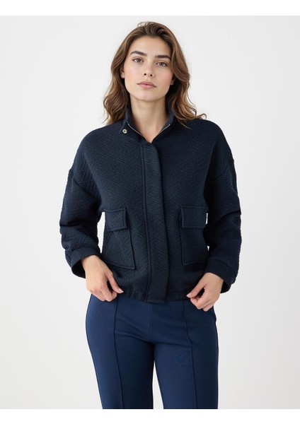 Lacivert Uzun Kollu Fermuarlı Beli Lastikli Örme Ceket