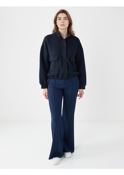 Lacivert Uzun Kollu Fermuarlı Beli Lastikli Örme Ceket fiyatları