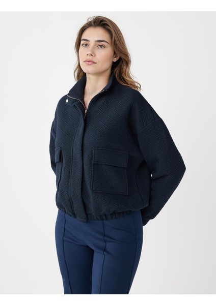 Lacivert Uzun Kollu Fermuarlı Beli Lastikli Örme Ceket modelleri