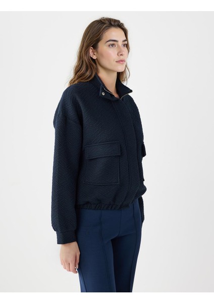 Lacivert Uzun Kollu Fermuarlı Beli Lastikli Örme Ceket fırsatları
