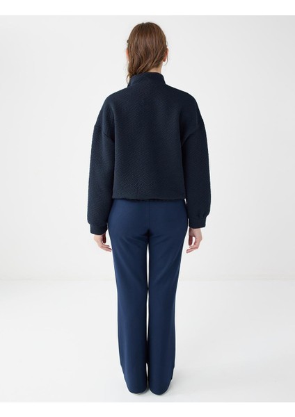 Lacivert Uzun Kollu Fermuarlı Beli Lastikli Örme Ceket indirimleri