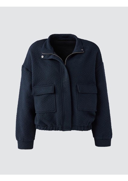 Lacivert Uzun Kollu Fermuarlı Beli Lastikli Örme Ceket