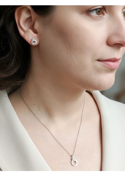 Kadın 925 Ayar Gümüş Zirkon Taşlı Minimal Kolye ve Küpe, Ikili Mini Takı Seti