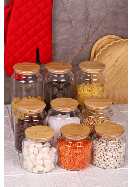 Zone - 9'lu Cam Saklama Kabı 600 ML-800 ML-1300 ML Vakumlu Bambu Kapaklı